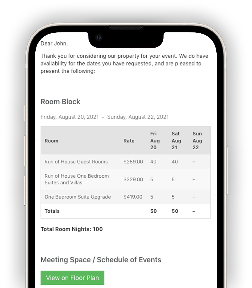 A mobile phone featuring room block information from a hotel sales proposal template from ProposalPath by Bluebuzzard.