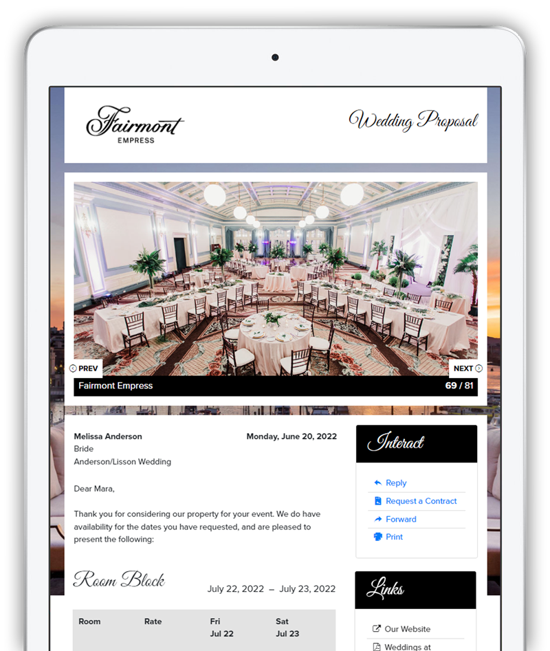 A tablet featuring a wedding sales proposal template from ProposalPath by Bluebuzzard.