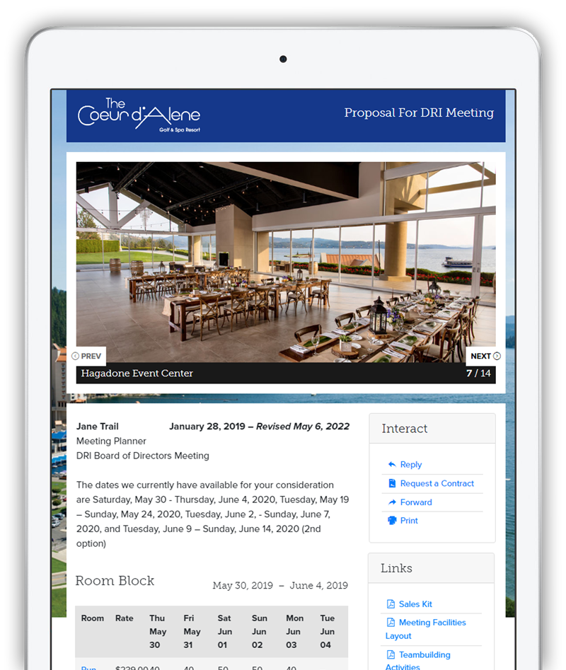 A tablet featuring a hotel sales proposal template from ProposalPath by Bluebuzzard.
