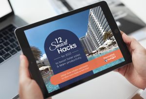 A tablet featuring text that reads: 12 Smart Hacks for 2022 to boost hotel sales & team productivity. Adopt these reliable sales hacks to close more deals in less time. From ProposalPath by Bluebuzzard.